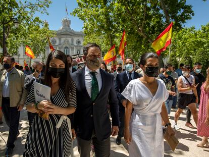 El líder de Vox, Santiago Abascal, rodeado de banderas de sus seguidores en el Tribunal Supremo, el pasado 24 de junio.