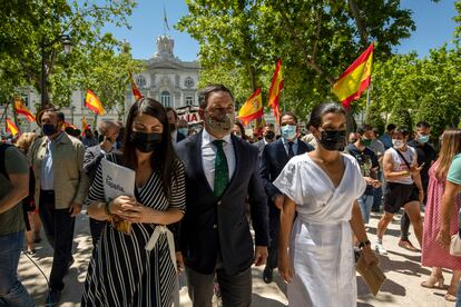 El líder de Vox, Santiago Abascal, rodeado de banderas de sus seguidores en el Tribunal Supremo, el pasado 24 de junio.