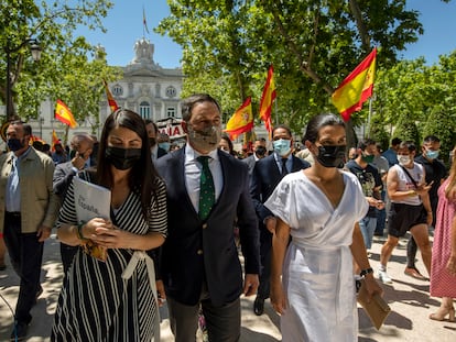 El líder de Vox, Santiago Abascal, rodeado de banderas de sus seguidores en el Tribunal Supremo, el pasado 24 de junio.