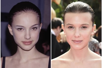 A la izquierda, Natalie Portman en 1990, y a la derecha, Millie Bobby Brown en los Premios Emmy en 2017.