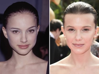 A la izquierda, Natalie Portman en 1990, y a la derecha, Millie Bobby Brown en los Premios Emmy en 2017.