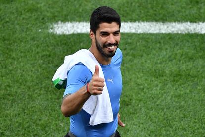 Luis Suárez durante un partido de la selección uruguaya.