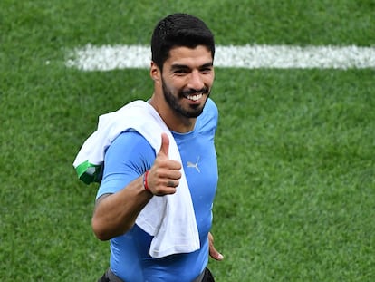 Luis Suárez durante un partido de la selección uruguaya.