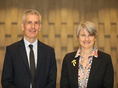 El director general de Voyage SNCF y presidente de Ouigo España, Alain Krakovitch, y la directora general la 'low cost', Hèlène Valenzuela, esta mañana en Madrid.