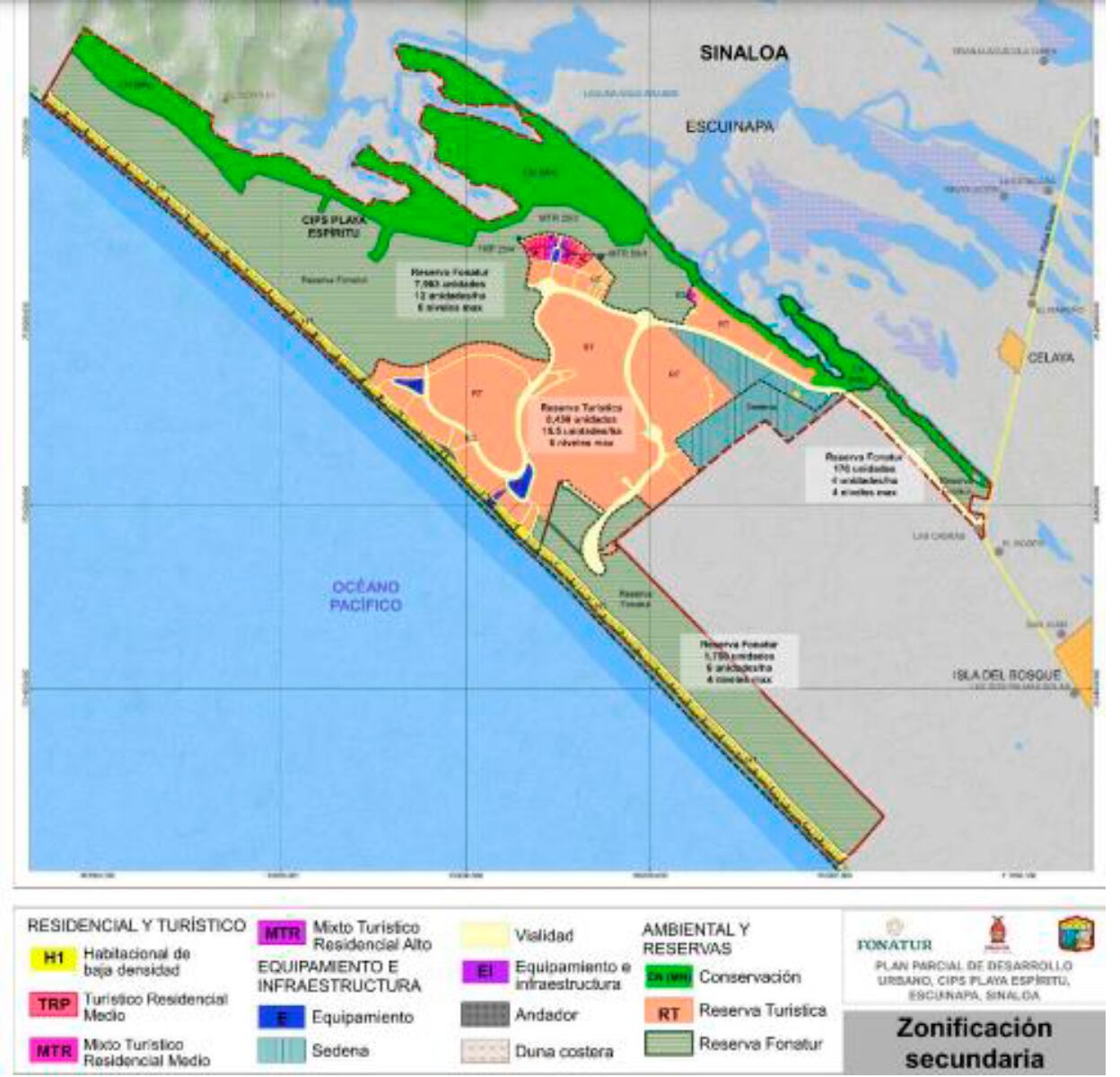 Mapa del desarrollo en Playa Espíritu, en Sinaloa, México.