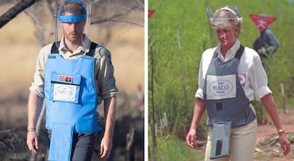 Enrique de Inglaterra, en Angola, este viernes, y a la derecha, su madre, la princesa Diana, en 1997.