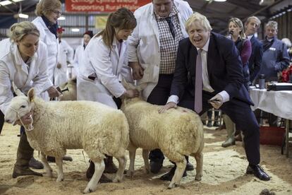 El primer ministro británico, Boris Johnson, visita una feria Llanelwedd (Gales).