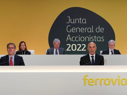 Momento de la junta de accionistas de Ferrovial. Abajo, a la derecha, Rafael del Pino, su presidente.