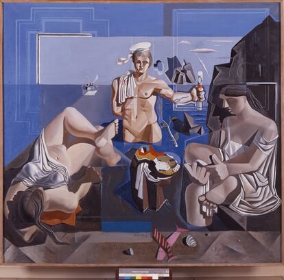 Salvador Dalí, Neocubist Academy (<i>Composition with Three Figures. The Sailor</i>) [Acadèmia neocubista.(<i>Composició amb tres figures. El marinero</i>)], 1926, oil on canvas, 90 x 200 cm, Museu de Montserrat, Donated by Josefina Cusí, R. N. 201.390