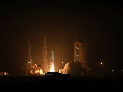 This photo released by the Iranian Defense Ministry on Sunday, Jan. 28, 2024, claims to show a satellite carrier is launched at the Imam Khomeini Spaceport in Iran's rural Semnan province.