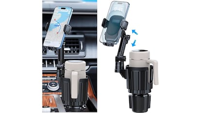 Soporte para móvil y botella en el coche sobre fondo blanco.