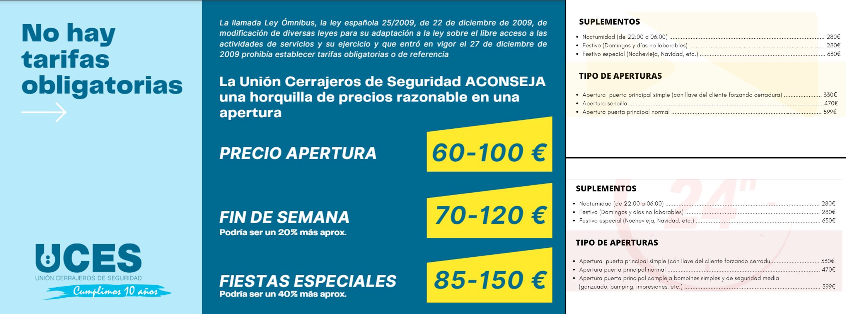 A la izquierda las tarifas orientativas de la federación de cerrajeros, a la derechas los tarifarios idénticos de Repara Home y CBC (en amarillo y rojo) con precios mucho mayores. Pinche para ampliar.