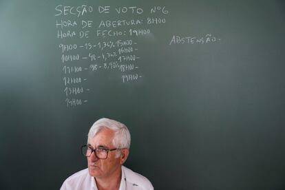 Un ciudadano portugués, ante una pizarra de un colegio electoral en Alcochete (Portugal).