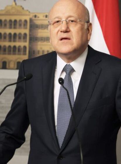 El primer ministro libanés, Nayib Mikati, durante su comparecencia.