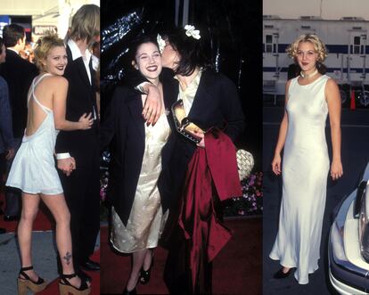 Tres instantáneas de Drew Barrymore con slip dress. En la imagen del centro posa junto a Courtney Love durante el estreno de ‘Las dos caras de la verdad’ en Los Ángeles en 1996.