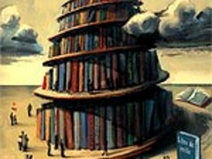 Lámina simulando la torre de Babel hecha con libros