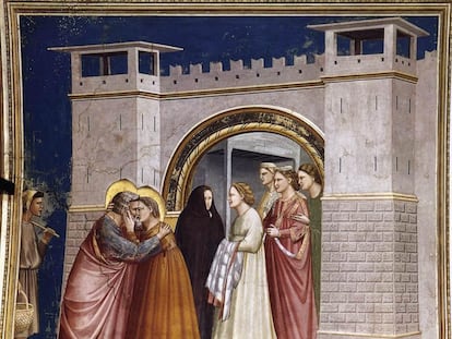 Escenas de la vida de Joaquín. Encuentro en la Puerta Dorada. De Giotto di Bondone