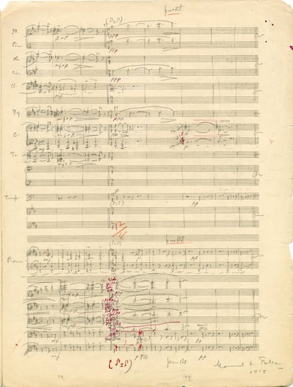 Última página del manuscrito de la partitura original de Noches en los Jardines de España, de Manuel de Falla, que contiene la firma del autor y la fecha, 1915, un año antes de lo que se pensaba hasta ahora.