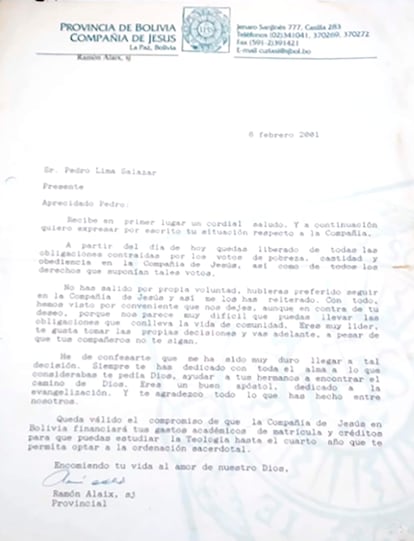 Carta en el que el provincial Ramón Alaix expulsa de la orden a Pedro Lima.