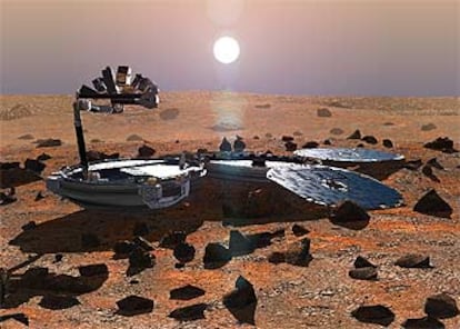 Ilustración de la cápsula europea <i>Beagle2</i> sobre el suelo de Marte.