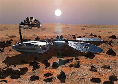 Ilustración de la cápsula europea <i>Beagle2</i> sobre el suelo de Marte.