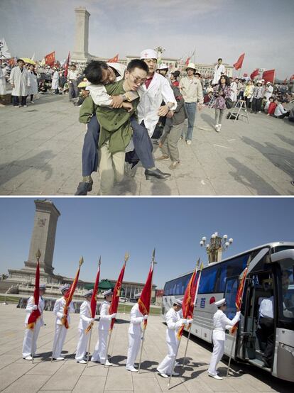 Arriba, imagen de archivo del 16 de mayo de 1989, un hombre traslada a un estudiante de la Universidad de Pekín tras desmayarse durante una huelga de hambre. Abajo, estudiantes de secundaria, con uniformes, después de realizar una ceremonia alrededor del Monumento a los Héroes del Pueblo en la plaza de Tiananmen, 29 de mayo de 2014.
