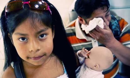 Naidine, seven, at Madrid&#039;s Barajas Airport awaiting a flight back to her native Ecuador. Her grandfather, Andr&eacute;s, cries in the background.