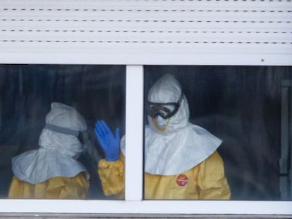 Health workers on the sixth floor of Carlos III Hospital, where Teresa Romero was treated for Ebola.