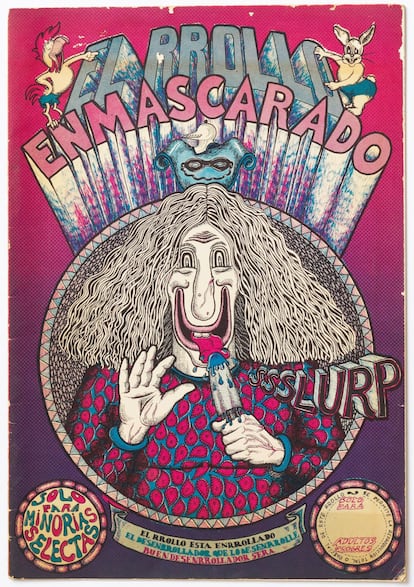 Dibuix d'un ninot xuclant un pirulí. Portada del 1974 del còmic 'El Rrollo Enmascarado ", dibuixada per Miquel Farriol. El Rollo Enmascarado va ser un col·lectiu d'il·lustradors irreverents on hi van destacar, entre d'altres, Nazario i Mariscal.