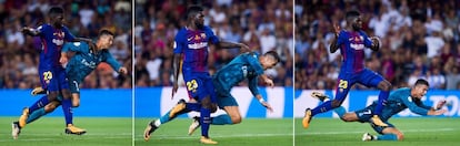 Combinación de tres imágenes de la la jugada de Ronaldo con Umtiti.
