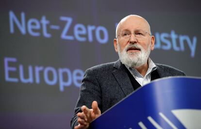 El vicepresidente de la Comisión Europea para el Pacto Verde, Frans Timmermans, durante una comparecencia de prensa en Bruselas el pasado 16 de marzo. 