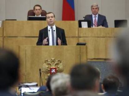 El primer ministro ruso, Dimitry Medvedev, en la Duma, cámara baja del Parlamento ruso, en Moscú. EFE/archivo