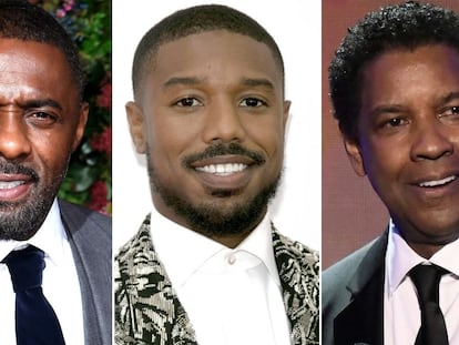 Los actores Idris Elba, Michael B. Jordan y Denzel Washington.
