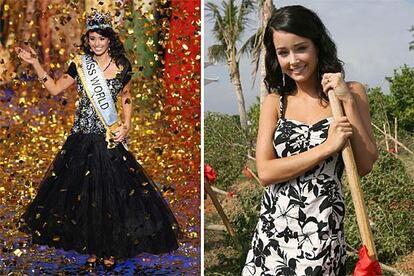 Unnur Birna Vilhjalmsdottir, durante el concurso (drcha.) y tras ser elegida Miss Mundo.