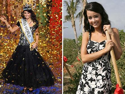 Unnur Birna Vilhjalmsdottir, durante el concurso (drcha.) y tras ser elegida Miss Mundo.