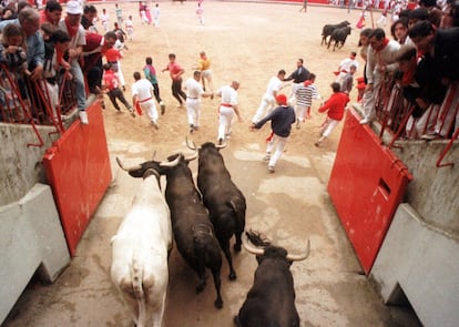 The bulls enter the ring at the end of an encierro in 1999.