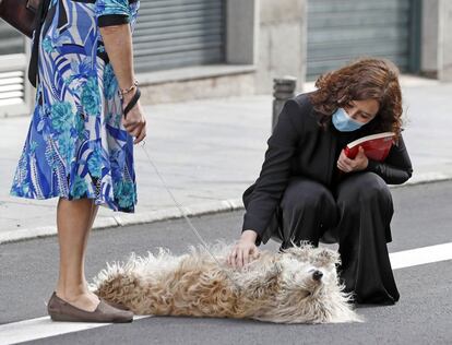 La presidenta de la Comunidad de Madrid, Isabel Díaz Ayuso, acaricia un perro en la calle Mayor de Madrid, el 9 de mayo. Un total de 29 calles de Madrid se vuelven peatonales para facilitar los paseos y la práctica de deporte durante la desescalada del confinamiento.