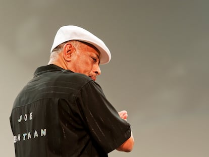 American Latin and soul musician Joe Bataan (born Bataan Nitollano) and the Barrio All Stars perform during an evening of Boogaloo music at Central Park SummerStage, New York, New York, August 10, 2011.