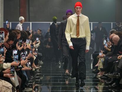 Models wear creations part of the men's Prada Fall-Winter 2024-2025 collection, that was presented in Milan, Italy, Sunday, Jan. 14, 2024.