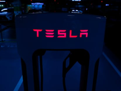 A Tesla Supercharger station in the parking lot of a mall during the company's official launch event for the Model Y in Kuala Lumpur, Malaysia, 20 July 2023.