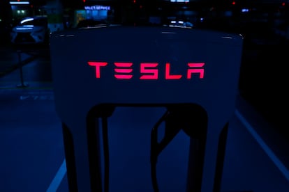 A Tesla Supercharger station in the parking lot of a mall during the company's official launch event for the Model Y in Kuala Lumpur, Malaysia, 20 July 2023.