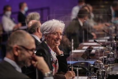 La presidenta del BCE, Christine Lagarde, durante el Eurogrupo informal de Lisboa de este viernes.