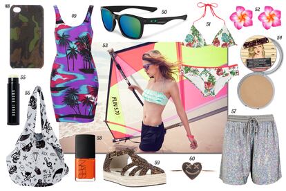 48. Maison Takuya Funda con estampado de camuflaje para iPhone. 49. Topshop Vestido elástico de tirantes con print de palmeras. 50. Oakley Gafas de sol con montura de pasta. 51. Etam Bikini con print tropical. 52. SuiteBlanco Pendientes en forma de flor. 53. Stradivarius. 54. theBalm Polvos compactos “Mary-Lou Manizer”. 55. Bobbi Brown Bálsamo labial “Yogi Bare”. 56. Leopard by Belle Sauvage Bolso estampado. 57. Ashish Bermudas de paillettes con cordón en la cintura. 58. NARS Laca de uñas. 59. Susana Traça Cangrejera de purpurina y esparto. 60. Art Youth Society Anillo con corazón con cara sonriente.