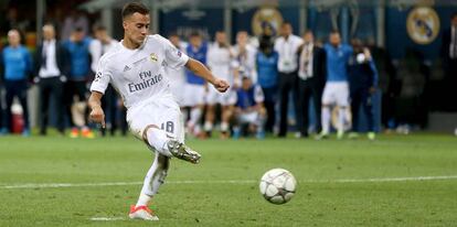 Lucas Vázquez, durante la tanda de penaltis de la final de la Champions.