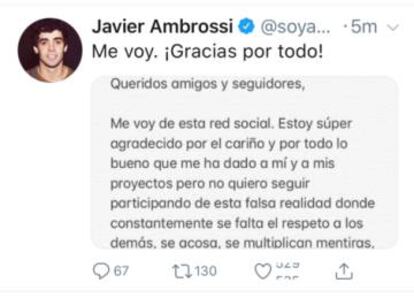 El mensaje de Twitter en el que Javier Ambrossi anuncia que deja la red social.
