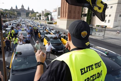 La asociación Élite Taxi, durante la última protesta del sector en Barcelona.