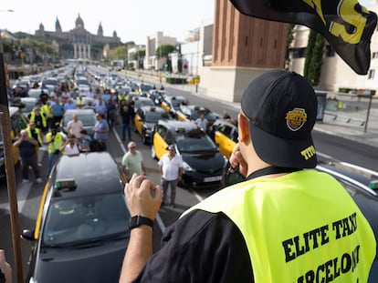 La asociación Élite Taxi, durante la última protesta del sector en Barcelona.