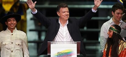 El presidente electo de Colombia, Juan Manuel Santos, durante su discurso de victoria.