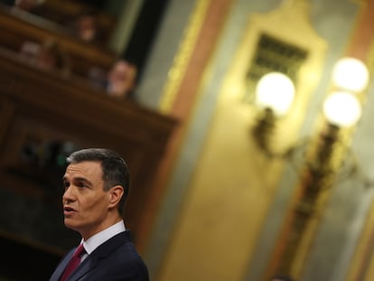 Pedro Sánchez, durante su discurso de investidura, esta mañana en el Congreso.