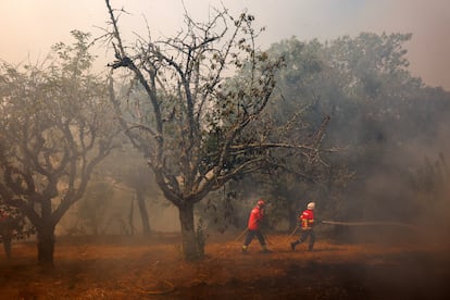 Los bomberos tratan de extinguir el incendio en Penalva do Castelo, Portugal, este lunes.